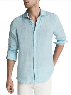 NEW Men's Reiss Ruban Blue Linen Button-Up Shirt